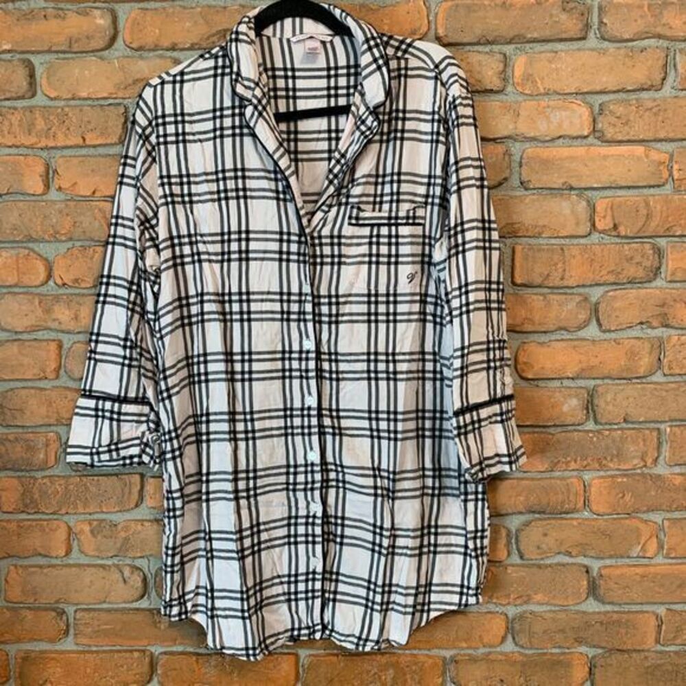 VS Victoria's Secret Plaid Flannel Sleep Dress Button Front Long Sleeve Pink M
